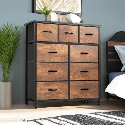 Dresser for Bedroom with 9 Drawers  Chest of Drawers with Socket & LED Light  PU Storage Dresser  Organizer Unit for Living Room  Hallway  Closet