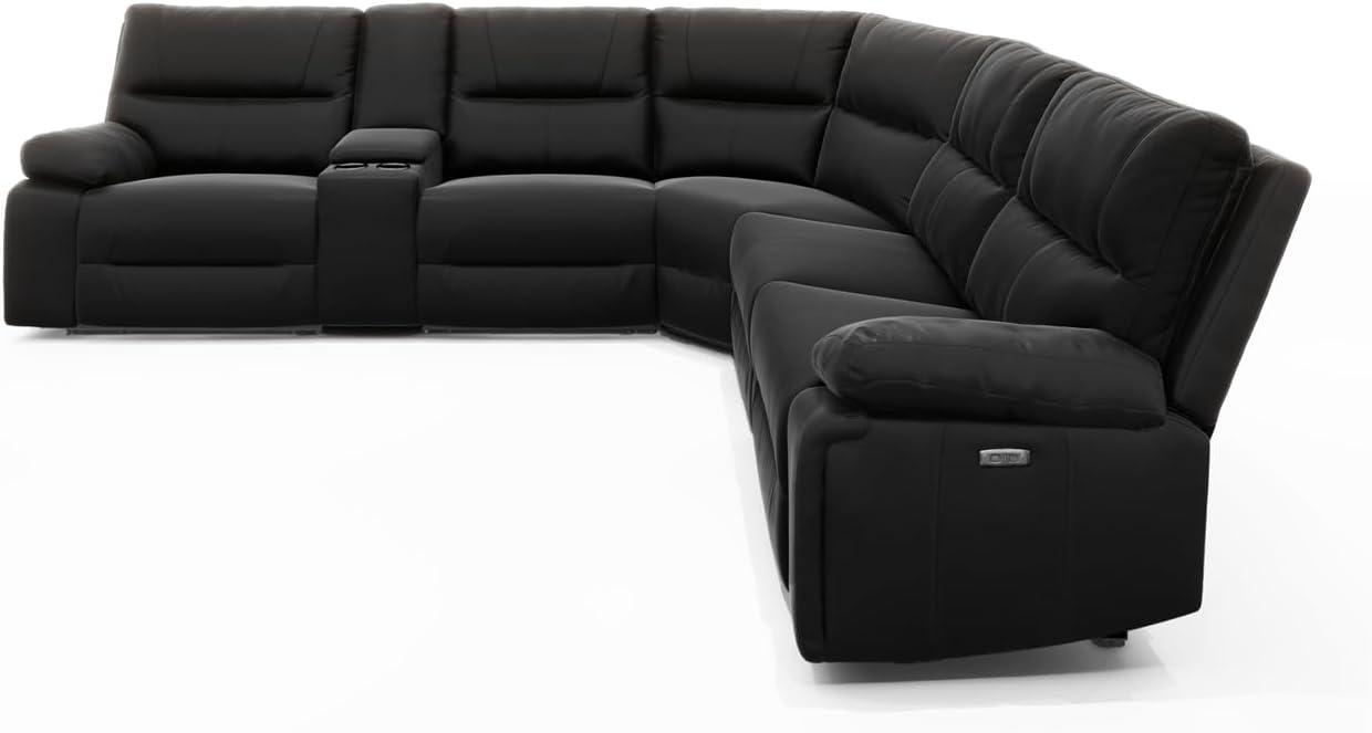 Jennifer Taylor Home Malibu 130" Modern Power Motion 6-Piece Reclining Corner Sectional with Cup Holders, Coal Black Top Grain Leather