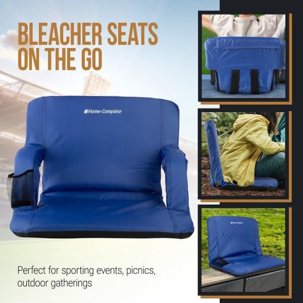 Wide Stadium Seat Chair - Bleacher Cushion with Padded Back Support, Armrests, 6 Reclining Positions and Portable Carry Straps by Home-Complete (Blue)