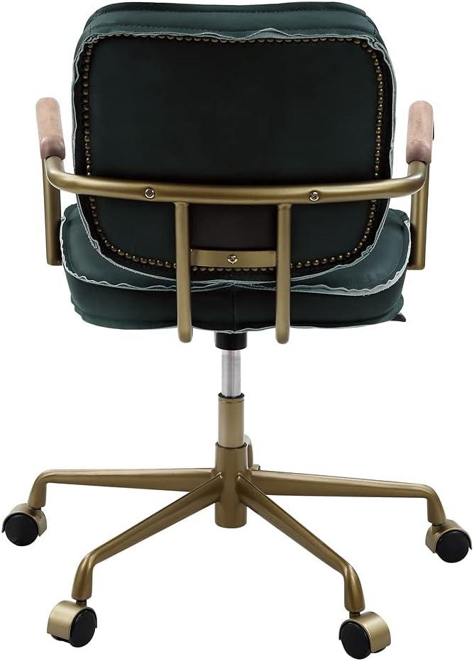 Industrial Top Grain Leather Swivel Office Chair, Adjustable Height Computer Chair with Wooden Armrest and 5-Stars Metal Base, Upholstered Task Chair Armchair with Ergonomic Bakcrest, Emerald Green