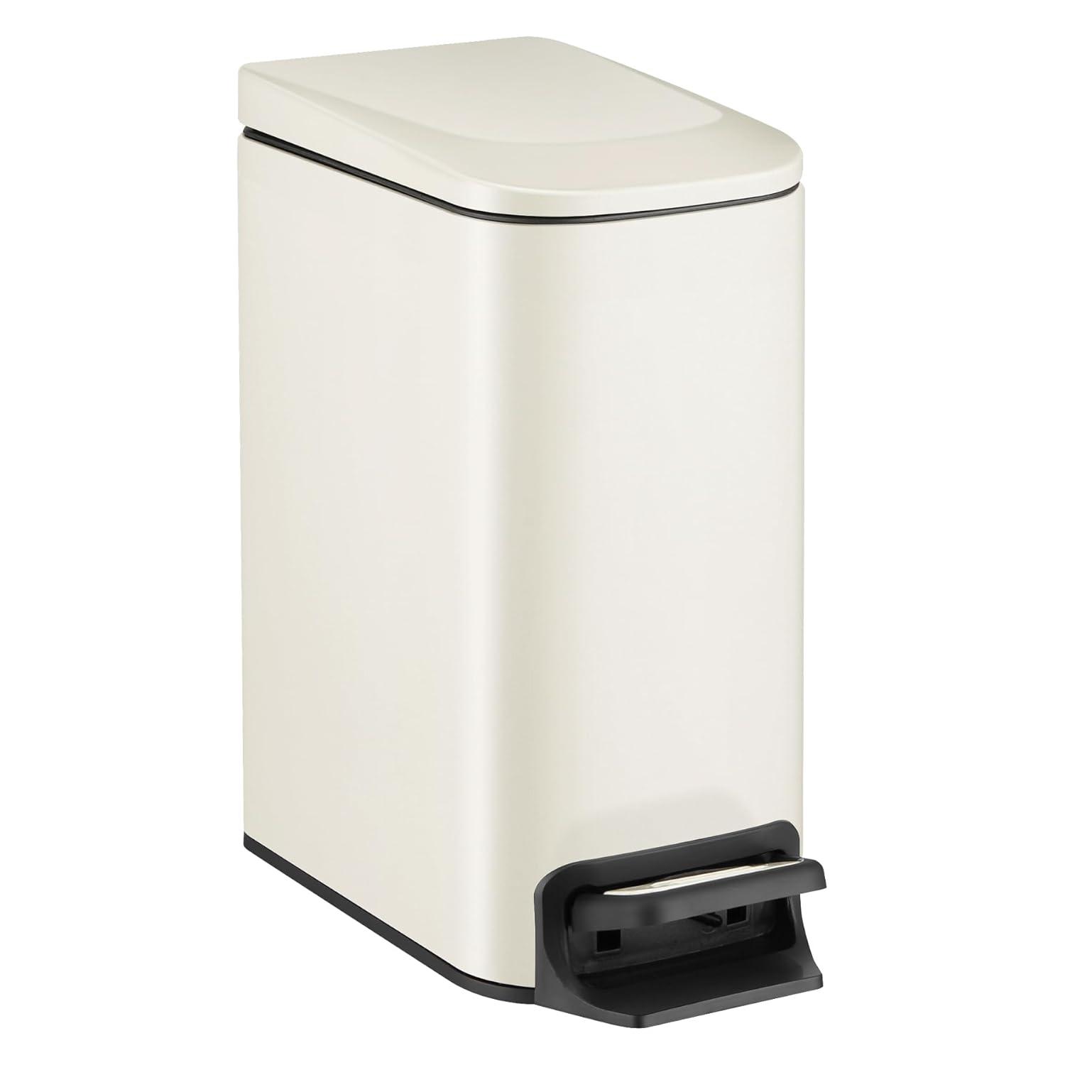 Cream Stainless Steel Soft Close Slim Trash Can, 1.6 Gallon