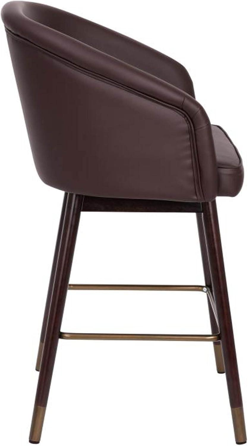 Walnut Finish Mid-Back Barstool with Brown LeatherSoft and Bronze Accents