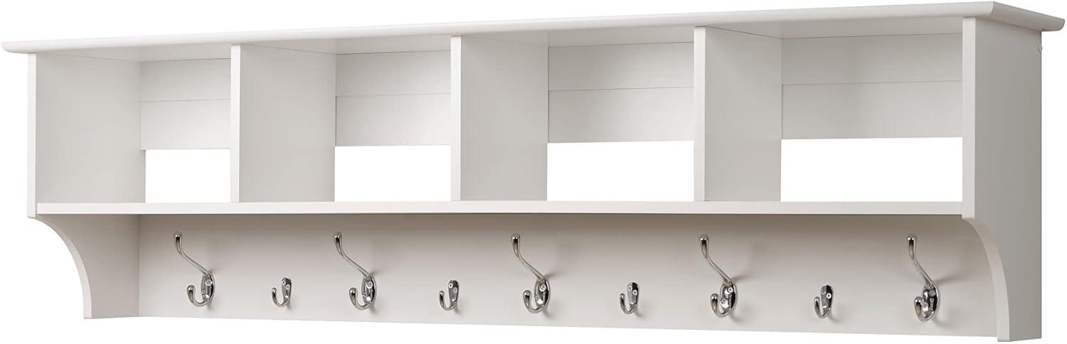 Prepac 60" Wide Hanging Entryway Shelf White: Wall Mounted Storage with 9 Hooks, Laminated Wood Composite