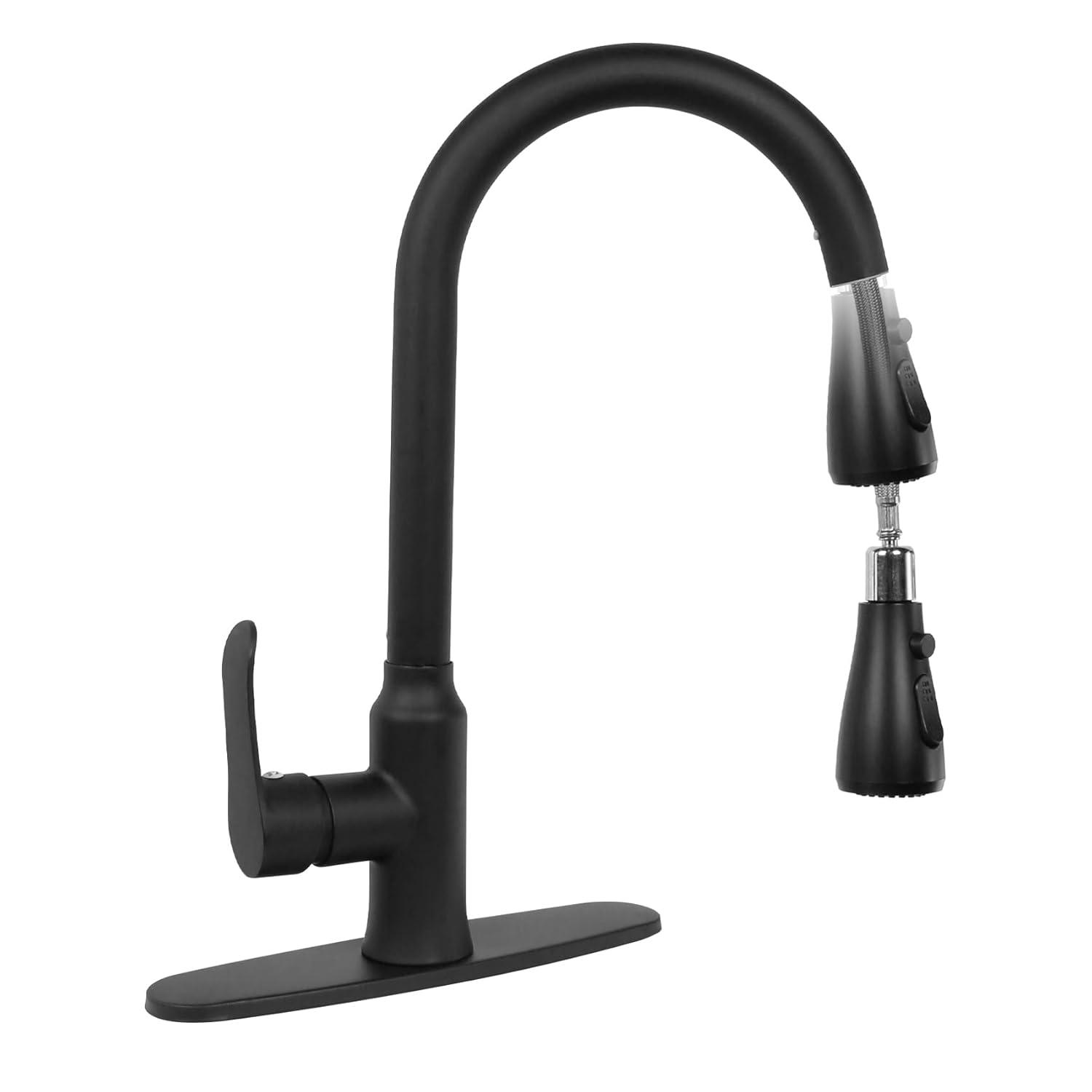 Black Kitchen Sink Faucet, Kitchen Faucet with Pull Down Sprayer, Stainless Steel Single Handle Faucet for Kitchen Sink with Deck Plate, Fitted for RV, Bar, Laundry, Apartments, Farmhouse