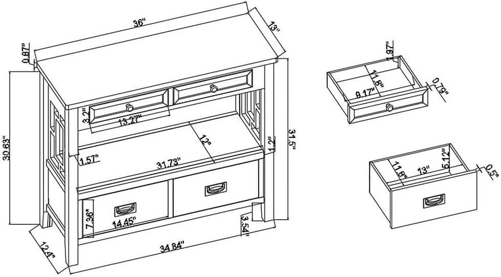 36'' Brown Pine Wood Console Table with Storage Drawers