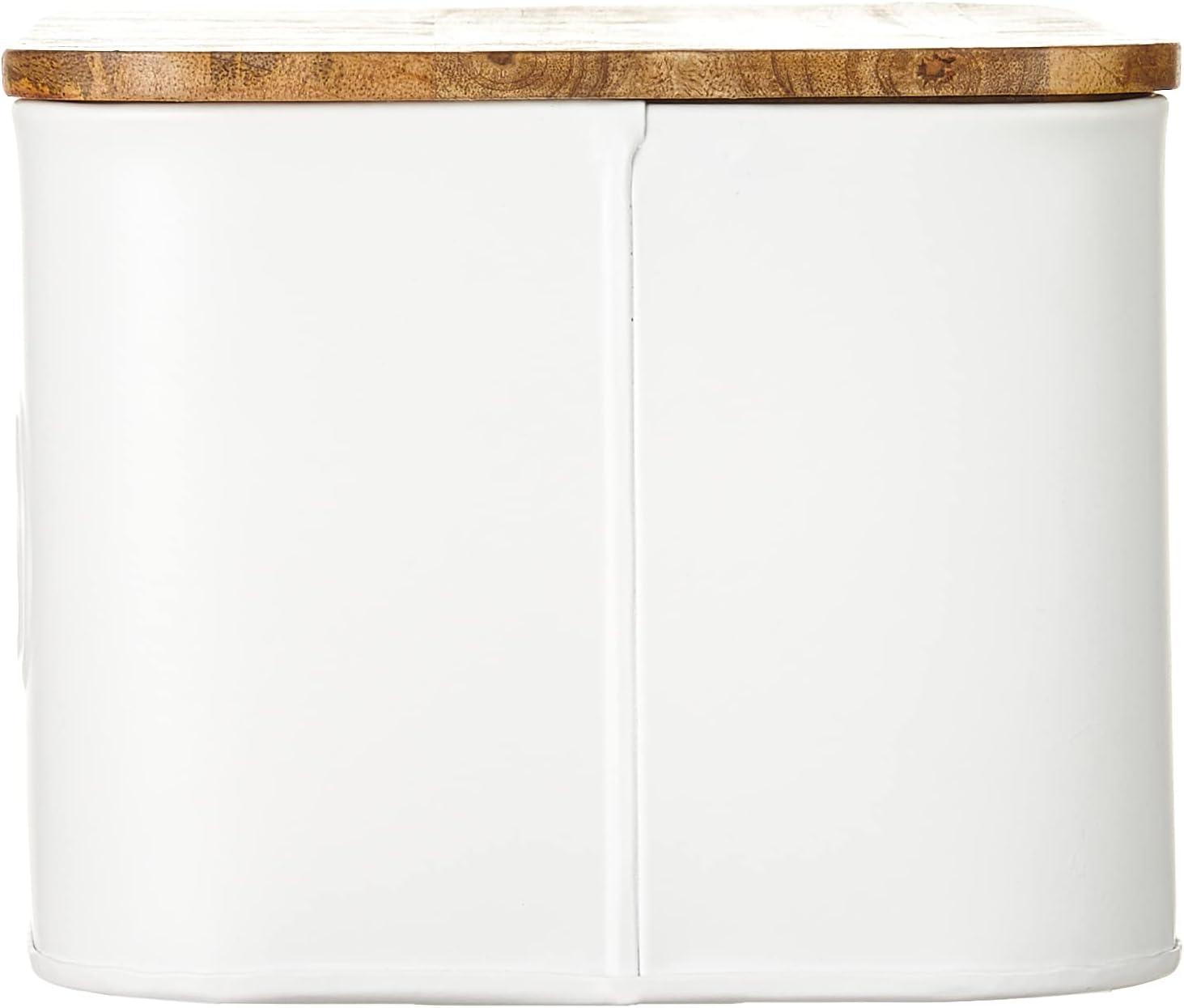 White Enamel Rectangular Bread Box with Mango Wood Lid