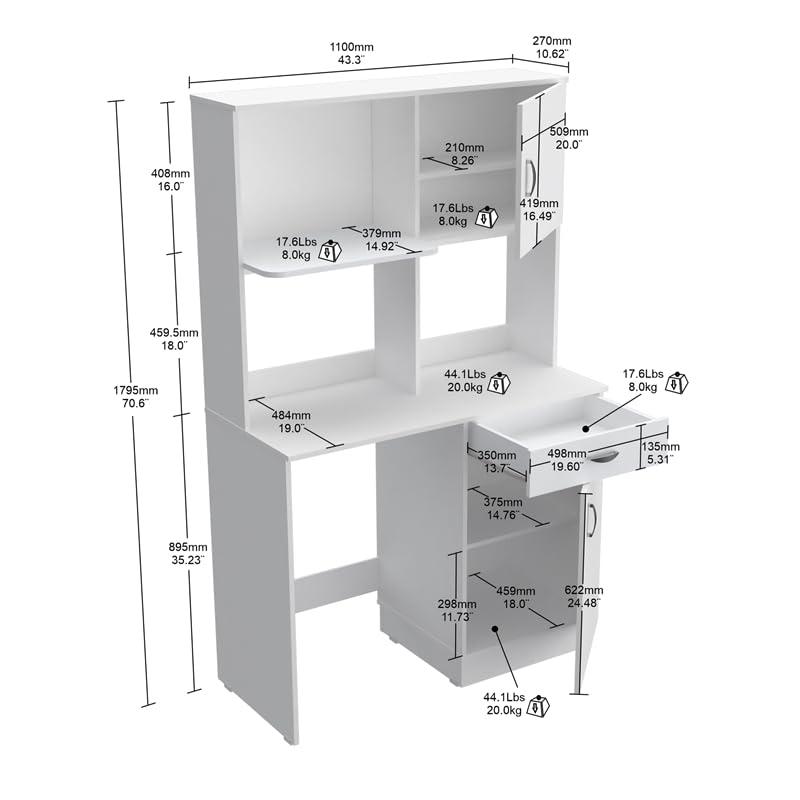 Inval Ambrossia Kitchen Breakroom Microwave Cabinet (43" x 71" x 19"), White