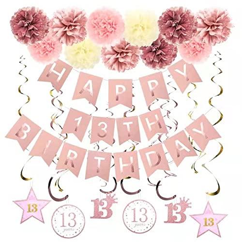 Rose Gold 13th Birthday Party Decors , Rose gold Glittery Happy 13th Birthday Banner,Poms,Sparkling Hanging Swirls Kit for 13th Birthday Party Supplies
