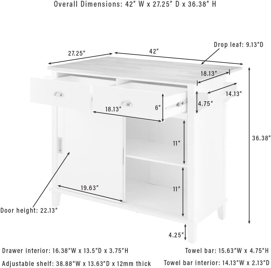Cora Drop Leaf Kitchen Island White/Natural - Crosley: Adjustable Storage, Towel Bar, Seating Space