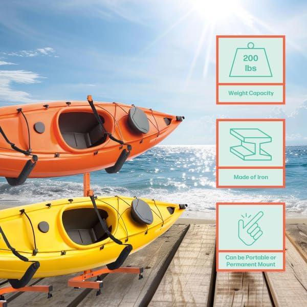 Rad Sportz Kayak Storage Rack - Portable Folding Boat Stands for Garage, Shed, or Dock -Freestanding Kayak Stands with Padded Arms and Adjustable Straps - Holds 2 Canoes, SUP, or Paddleboards, Orange