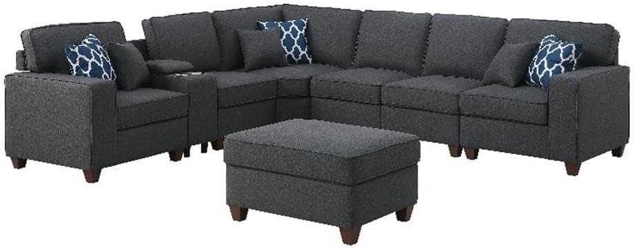 8-Piece Linen Fabric Upholstered Sectional With Console & Ottoman-Dark Gray