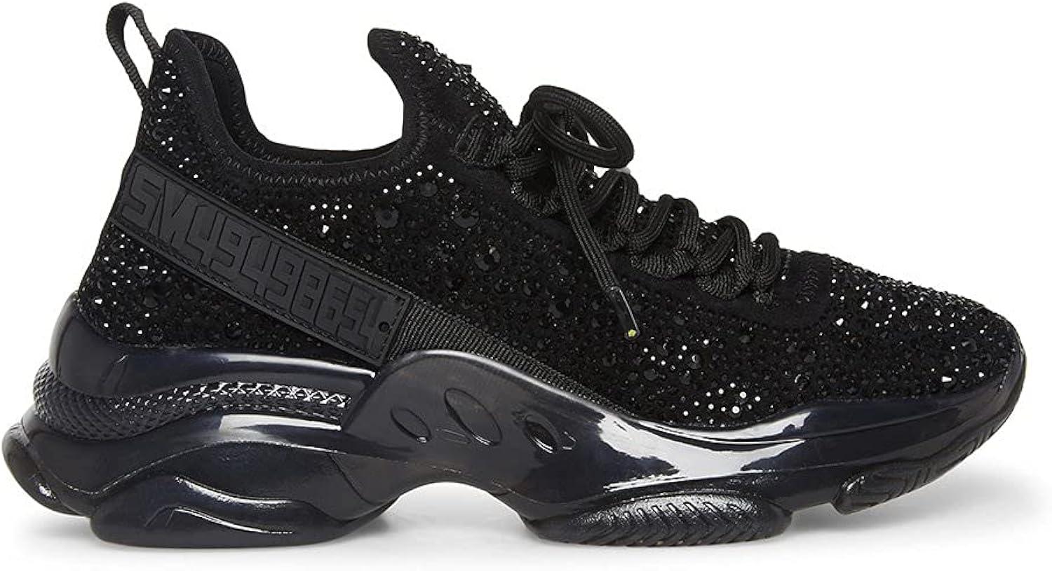 Black Rhinestone Faux Suede Platform Lace-Up Sneakers