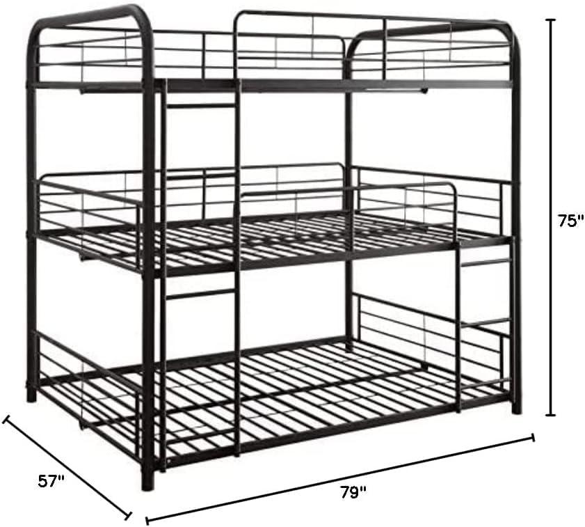 Triple Layer Twin Size Metal Bunk Bed with Attached Ladder, Black- Saltoro Sherpi