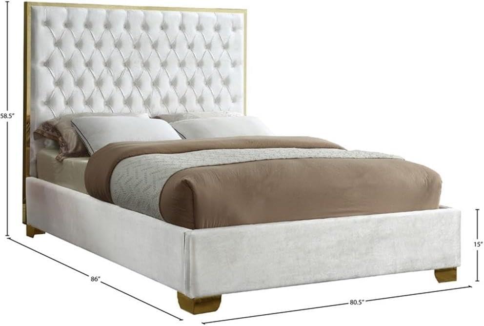 Luxurious White Velvet King Bed with Gold Metal Frame and Tufted Headboard