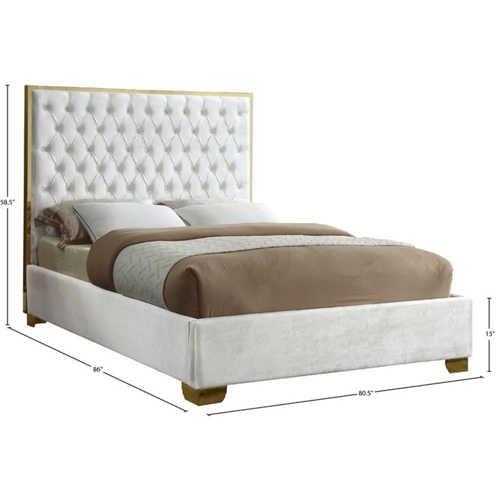 Meridian Furniture Lana Collection Modern | Contemporary Velvet Upholstered Bed with Deep Detailed Tufting and Gold Legs, King, White
