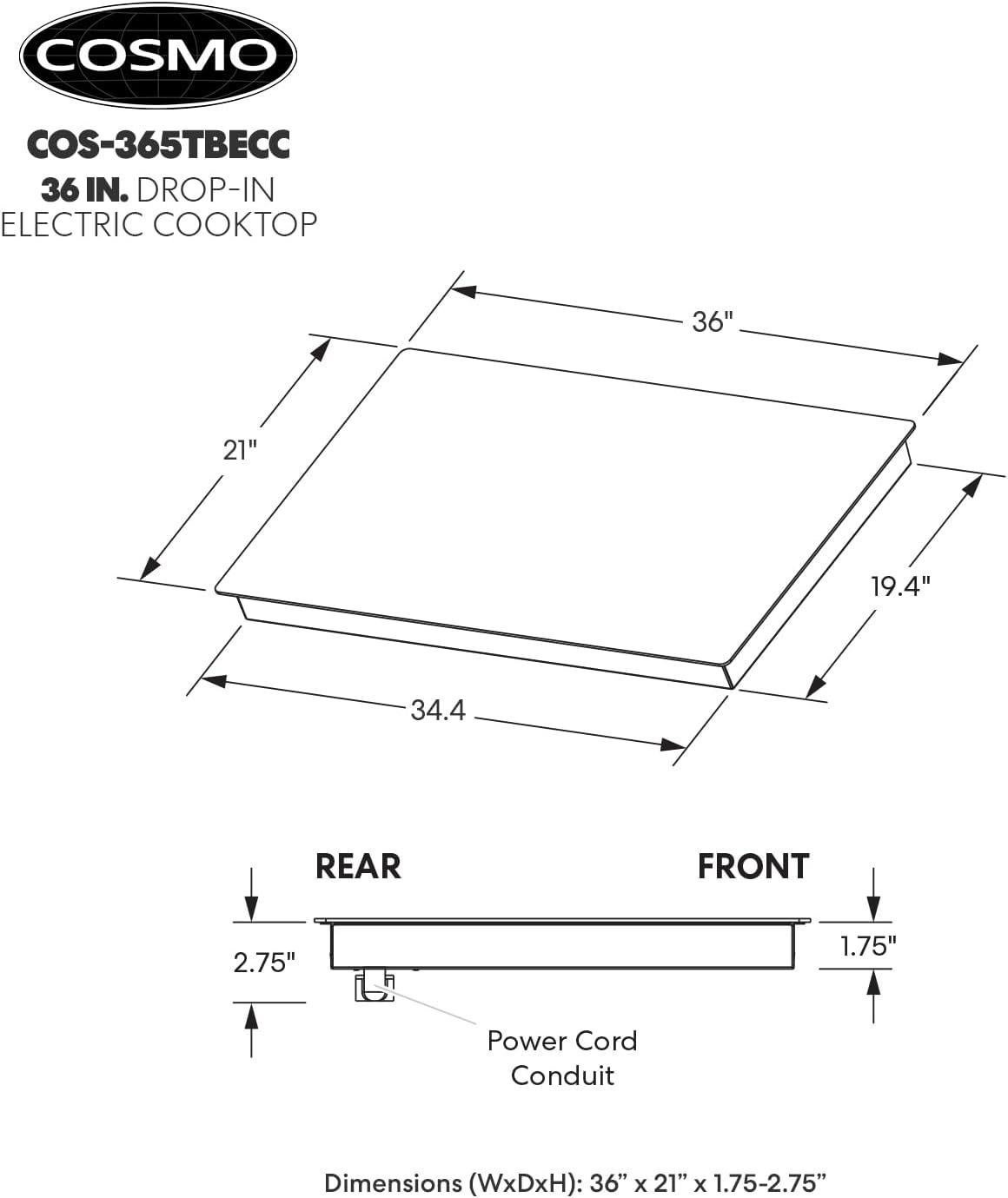 Cosmo 36 In. Electric Ceramic Glass Cooktop With 5 Burners, Triple Zone Element In Black