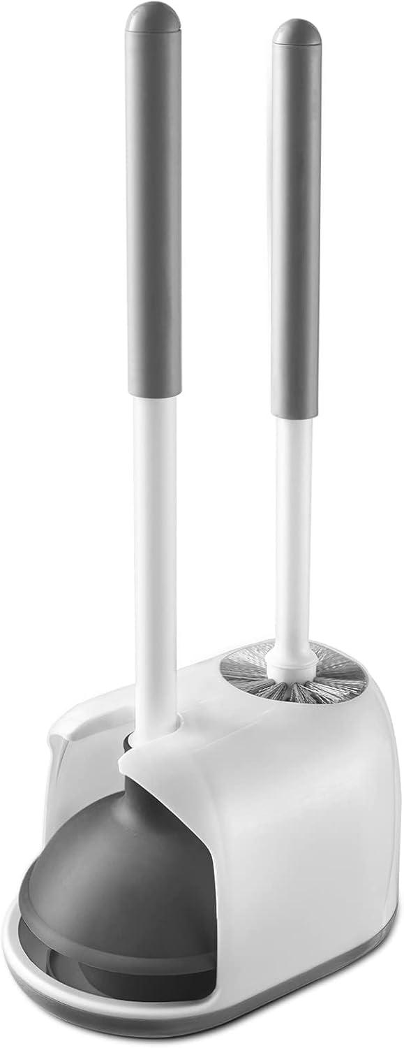 White and Gray Plastic Toilet Plunger and Brush Set with Holder