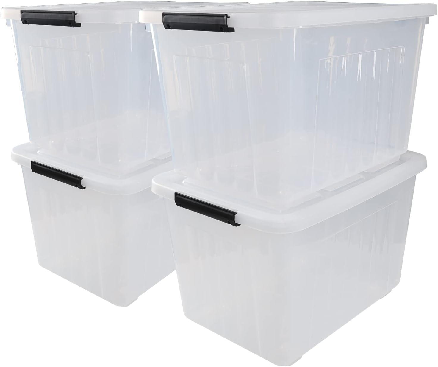 Clear 70 Quart Stackable Plastic Storage Bins with Wheels, 4-Pack