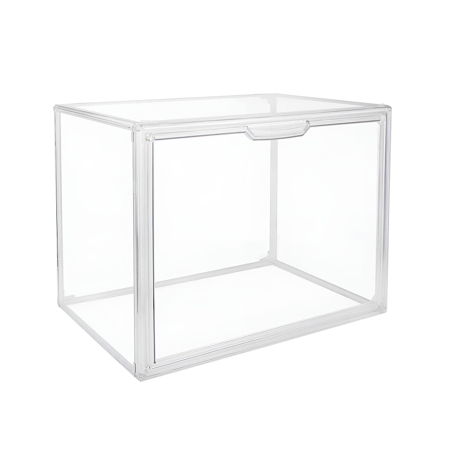 Clear Stackable Plastic Storage Bins with Magnetic Lid, Dustproof Book & Cosmetic Display Cases, Large Figures Collectibles Showcase, Shoe Box, Protection Organizer (Transparent, L-3 Pack)