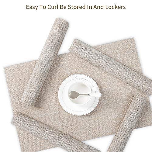 Set of 8 Heat-Resistant Placemats Stain Resistant Anti-Skid Placemats for Kitchen Table, Washable Durable PVC Table Mats Woven Vinyl Placemats Beige
