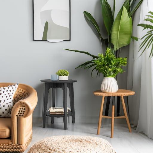 VASAGLE Side Table, Small Round End Table with Lower Shelf, Nightstand for Small Spaces, Living Room, Bedroom, Charcoal Gray ULET283T22