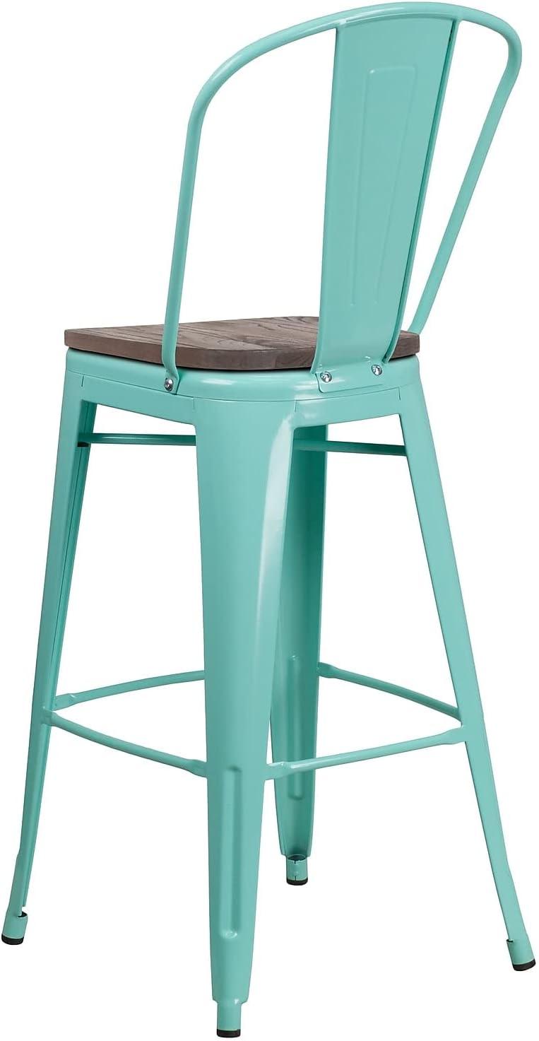 Flash Furniture 30" High Mint Green Metal Barstool with Back and Wood Seat