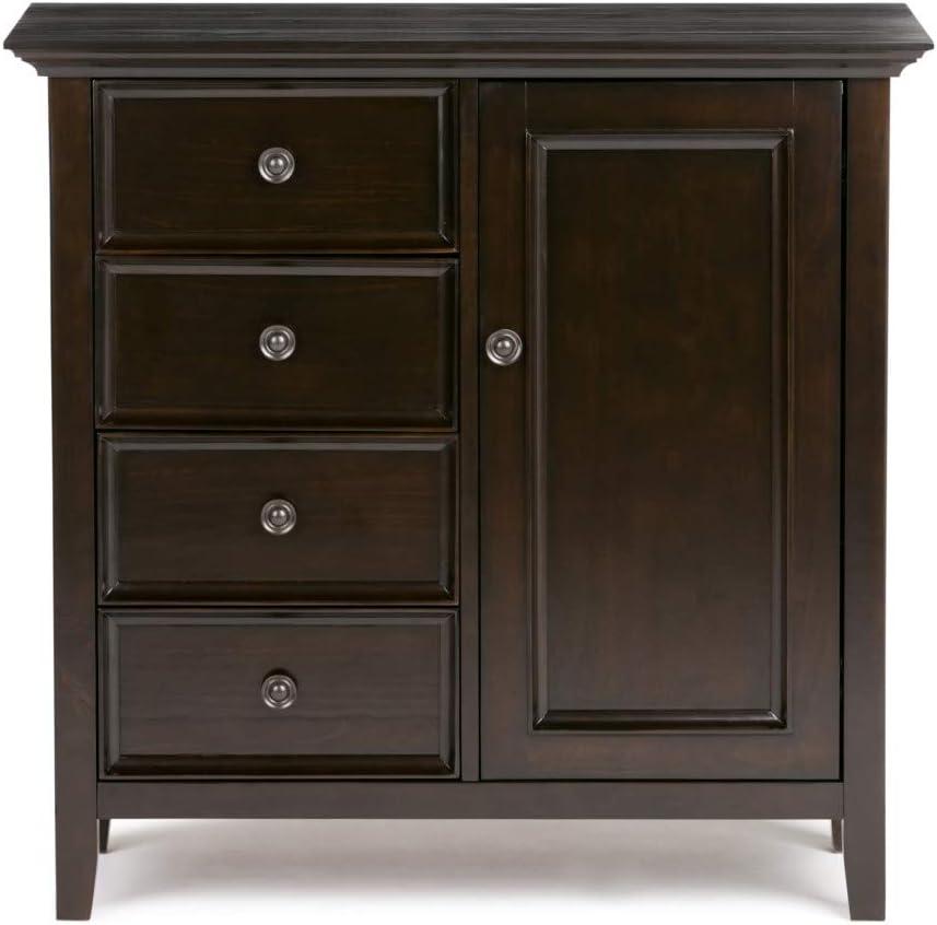 Simpli Home Amherst 32"W Solid Wood 2-Shelf Low Storage Cabinet with Adjustable Shelves and Tapered Legs
