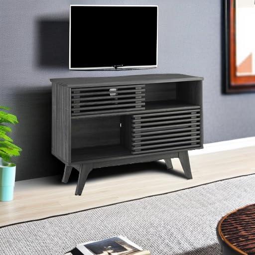 Render Display TV Stand for TVs up to 48" Charcoal - Modway: Modern Media Storage, Slatted Door, Cable Management