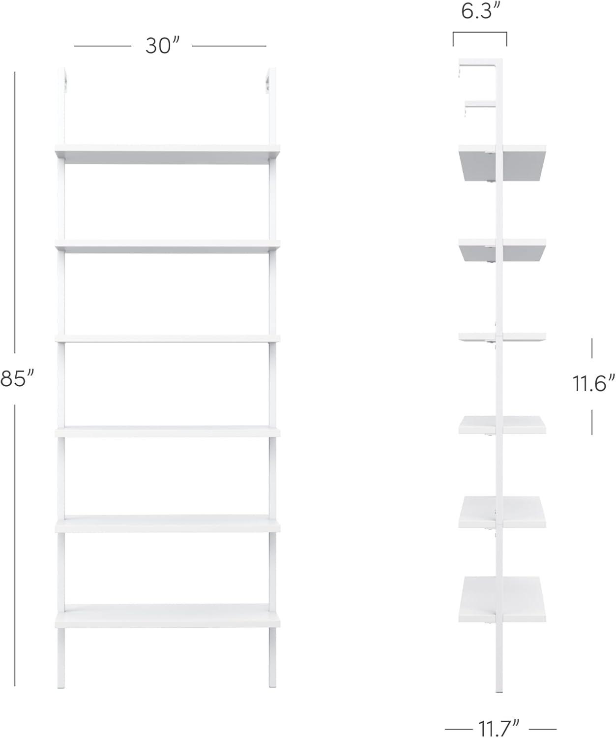 Nathan James Theo 6-Shelf Tall Bookcase Wall Mount Bookshelf White Wood with White Metal Frame White