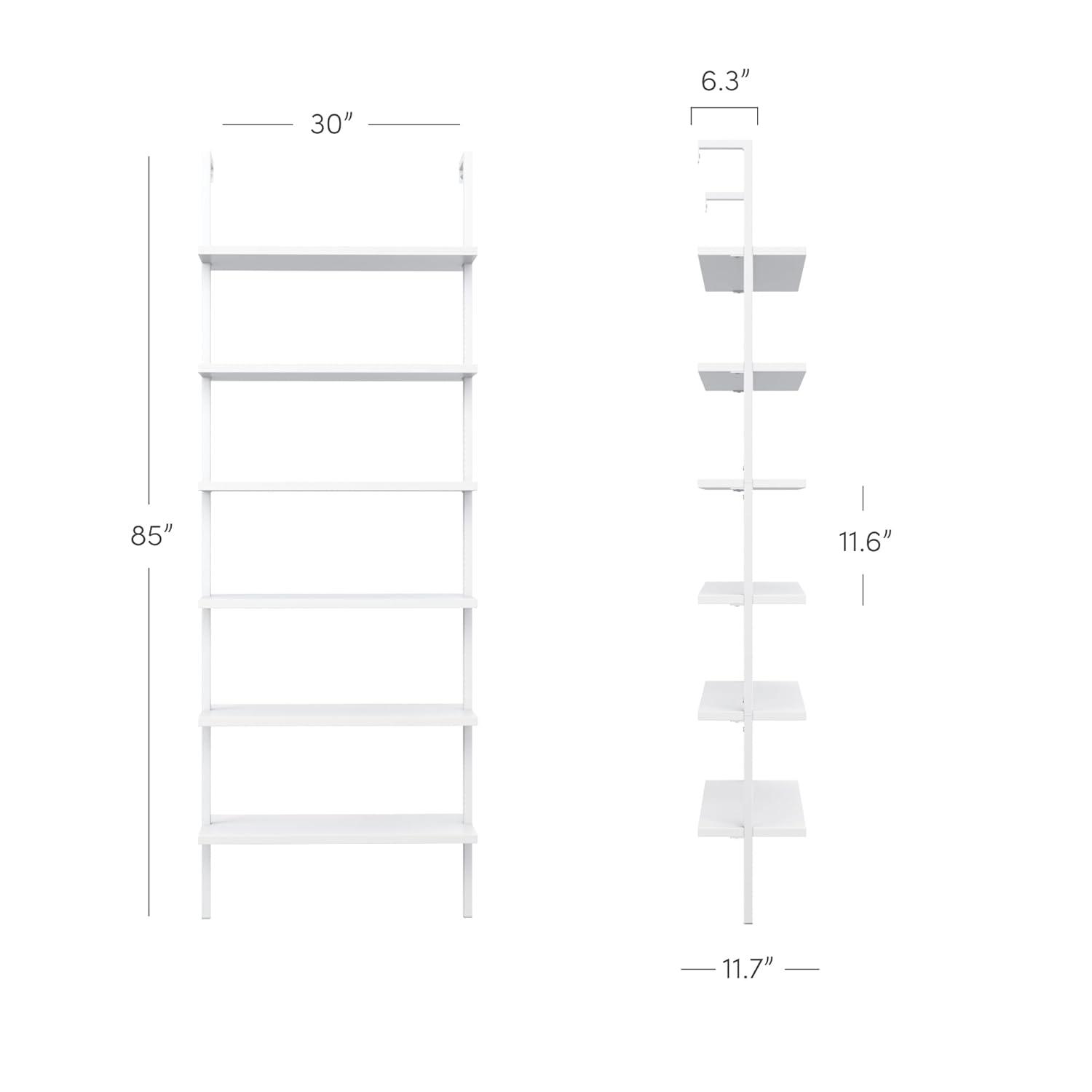 Nathan James Theo 6-Shelf Tall Bookcase Wall Mount Bookshelf White Wood with White Metal Frame White