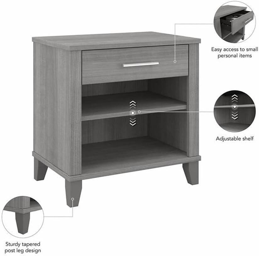 Bush Furniture Somerset Nightstand with Drawer and Shelves, Platinum Gray