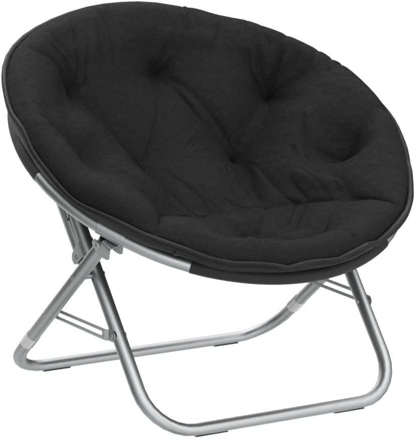 Plush Black Faux Fur Round Foldable Saucer Chair