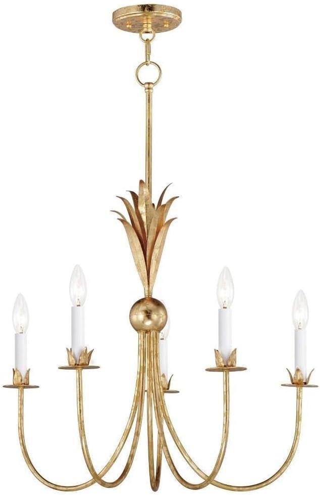 Elegant Gold Leaf 5-Light Chandelier with Off-White Candle Covers