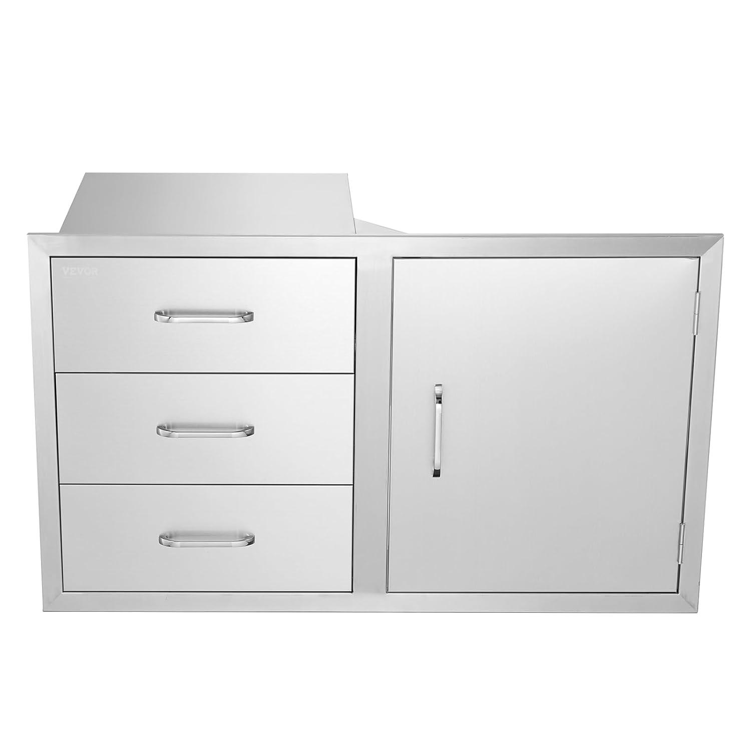 VEVOR BBQ Island Drawers 38.1W x 22.6H x 20.8D, Outdoor Kitchen Door Drawer Combo Cabinets, BBQ Access Door/Triple Drawers Combo, Stainless Steel Handles, Perfect for BBQ Island Patio Grill Station