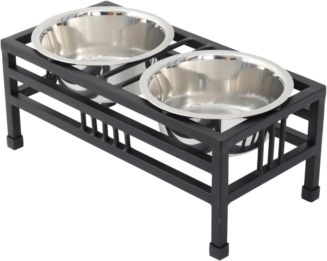 Medium Elevated Black Iron Pet Double Diner with Stainless Steel Bowls