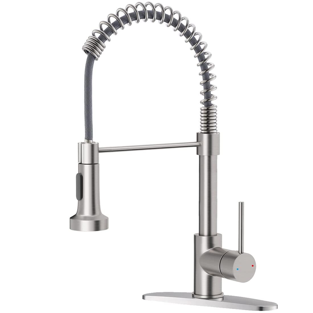 Besdor Kitchen Faucet with Pull Down Sprayer, Spring Single Handle Faucet for Kitchen Sink, Two Function Sprayer, 360-degree Rotation, with Deck Plate, 304 Food Grade Stainless Steel, Brushed Nickel
