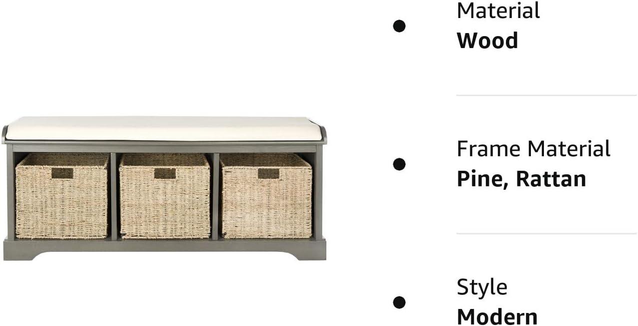 Transitional Beige-Gray Wicker Storage Bench with Cushioned Top