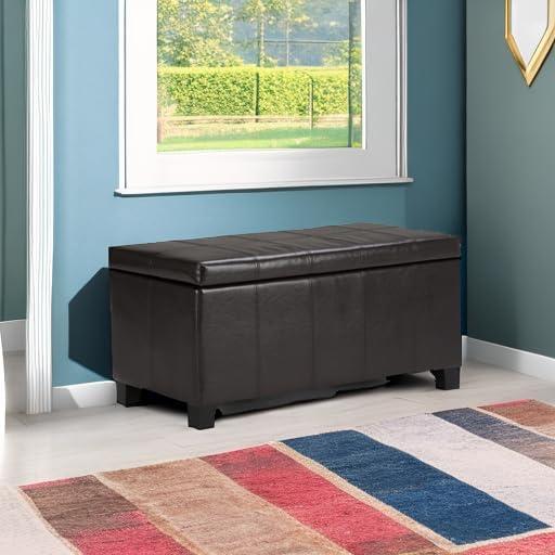 Simpli Home Dover Faux Leather Storage Bench in Tanners Brown