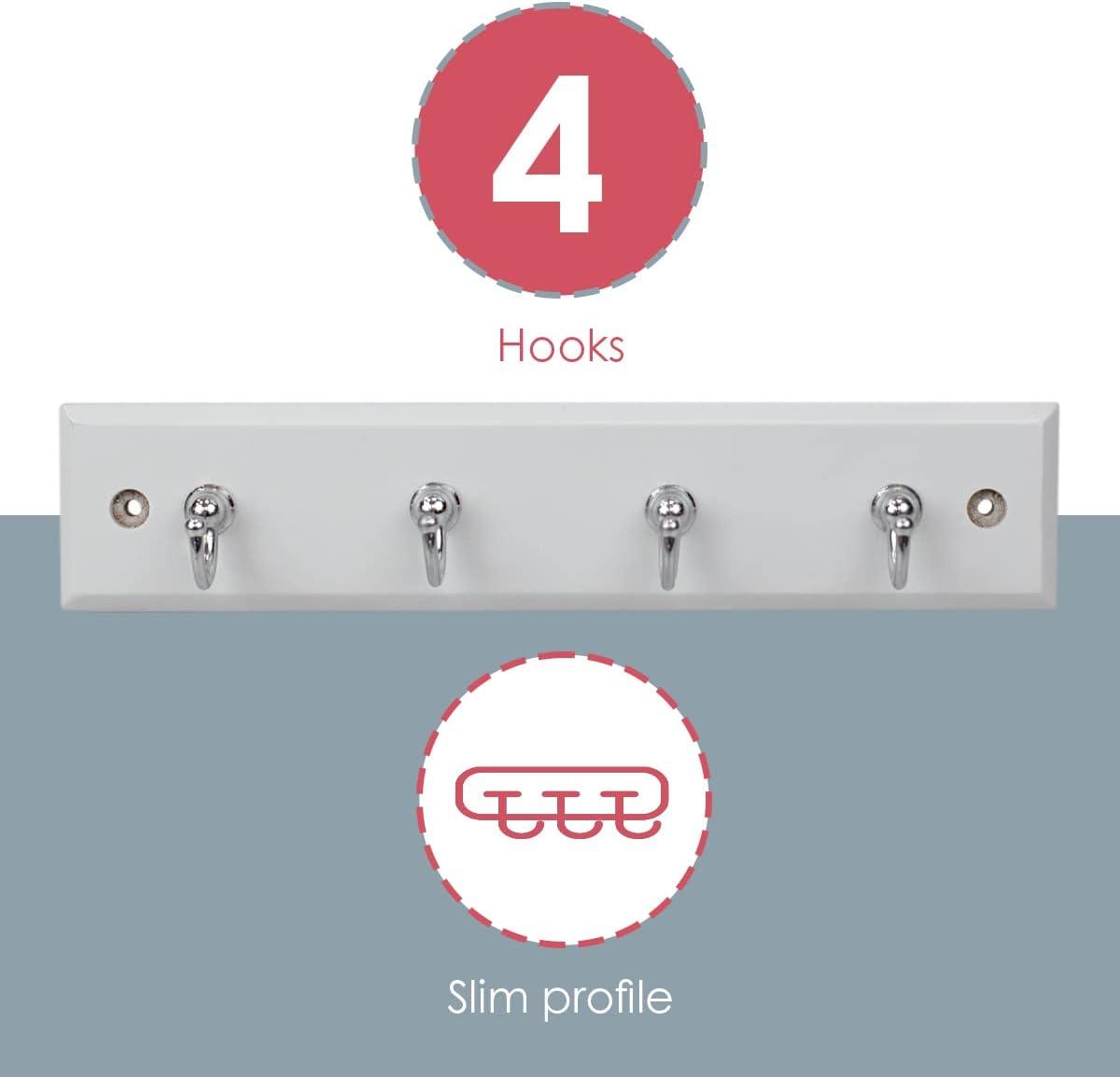 White MDF and Steel Wall-Mounted Key Rack with 4 Hooks