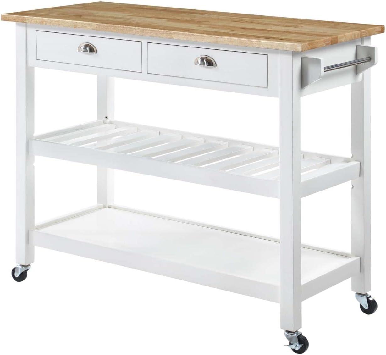 Convenience Concepts American Heritage 3 Tier Butcher Block Kitchen Cart with Drawers, White/Butcher Block