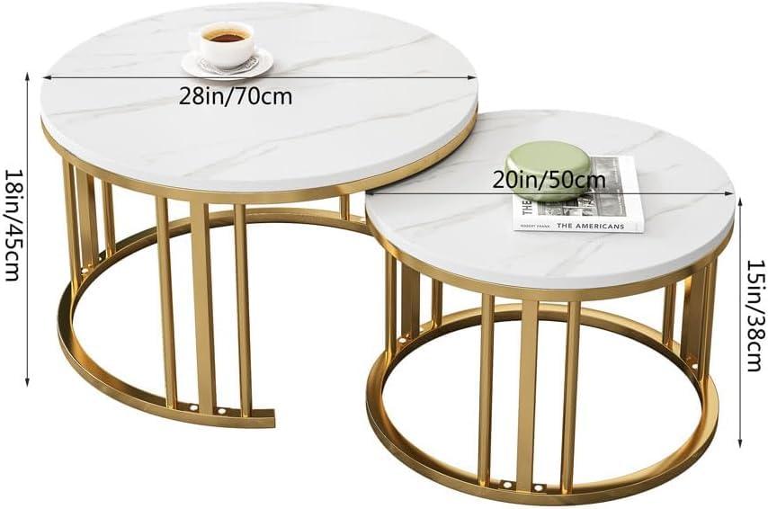 Round Nesting Coffee Table, Set of 2 Modern Coffee Table with Faux Marble Top, Gold Metal Frame White Nesting Table for Living Room, Apartment, Office (White + Gold)