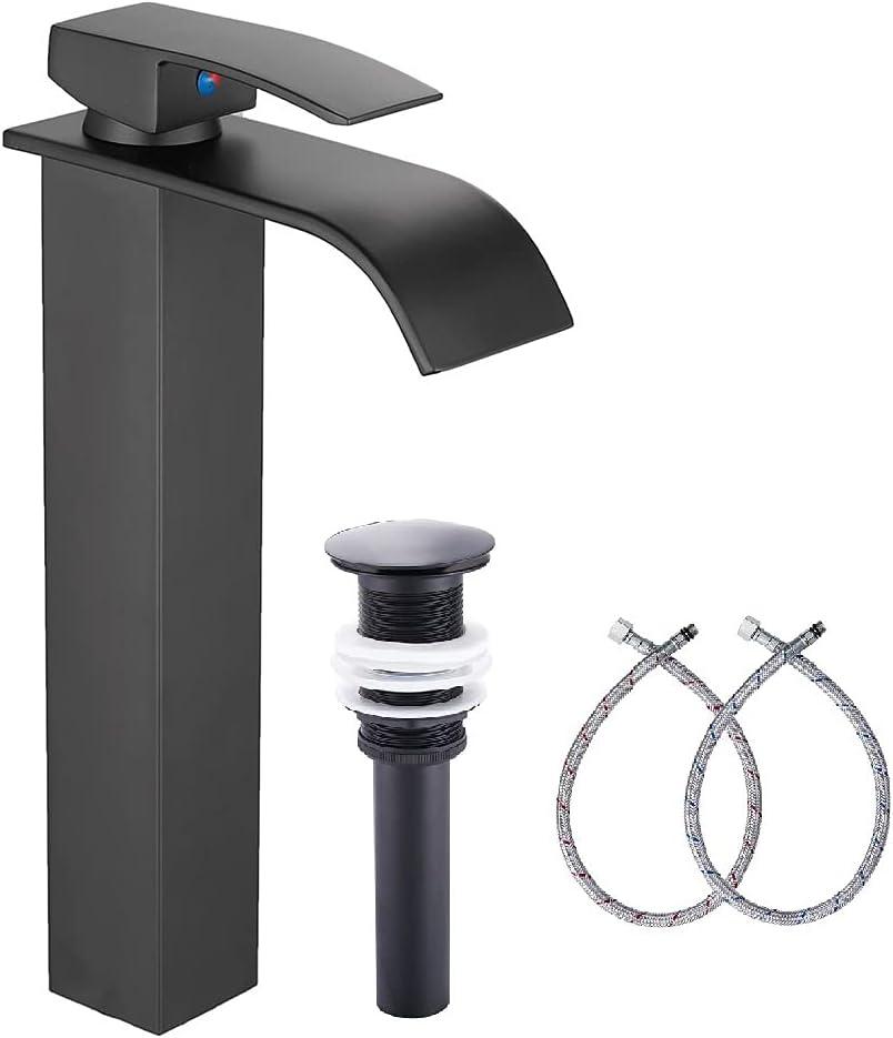 Waterfall Bathroom Faucet Single Handle，Bathroom Sink Faucet 1 Hole，Waterfall Faucet for Bathroom Sink，Vessel Sink Faucet Matte Black Tall Bathroom Faucet