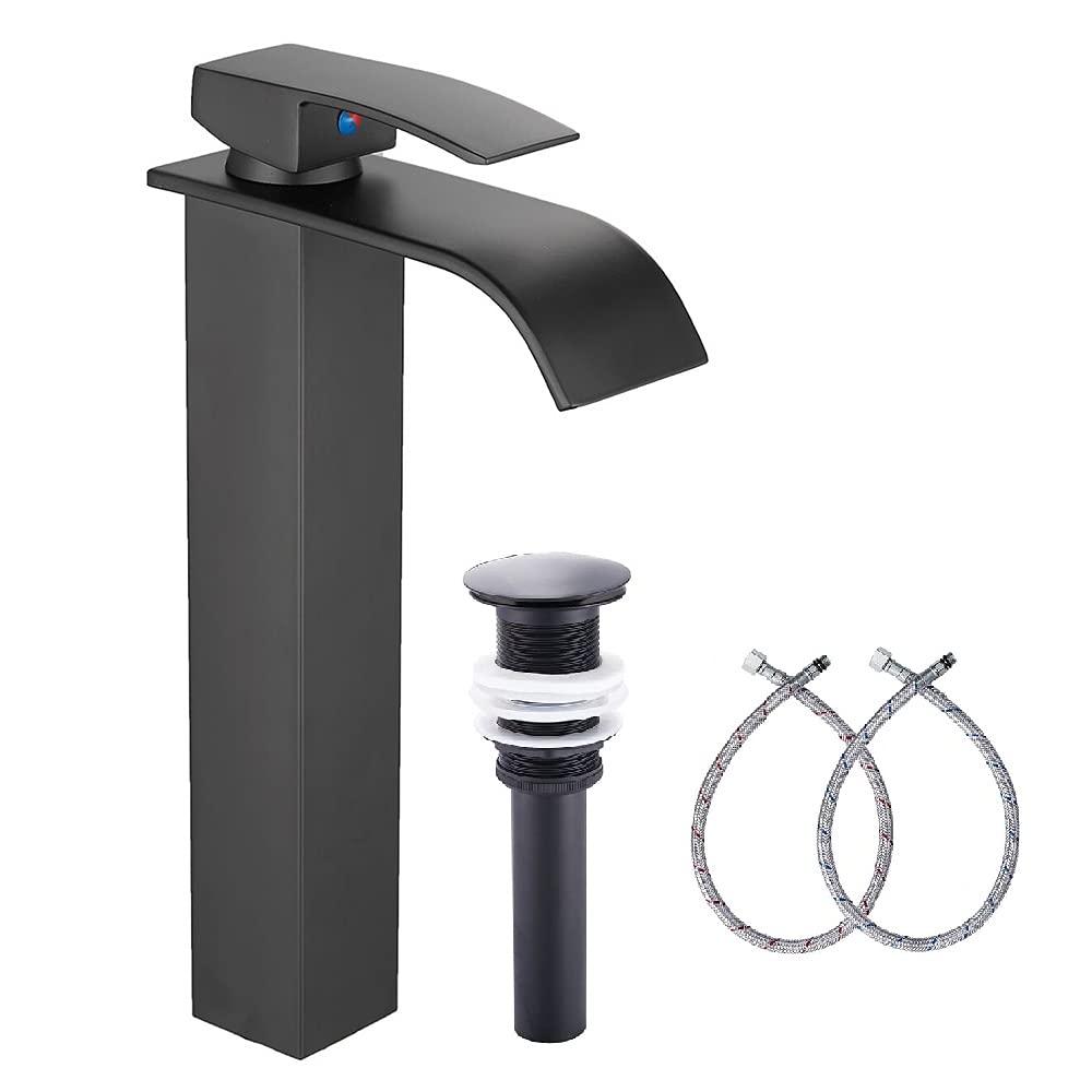 Waterfall Bathroom Faucet Single Handle，Bathroom Sink Faucet 1 Hole，Waterfall Faucet for Bathroom Sink，Vessel Sink Faucet Matte Black Tall Bathroom Faucet