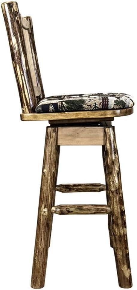 Glacier Country Collection Counter Height Barstool w/ Back & Swivel, Woodland Upholstery w/ Laser Engraved Bear Design