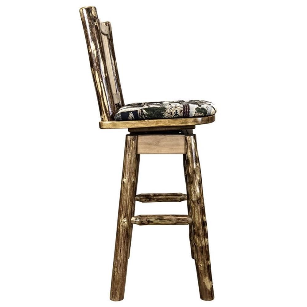 Glacier Country Collection Counter Height Barstool w/ Back & Swivel, Woodland Upholstery w/ Laser Engraved Bear Design