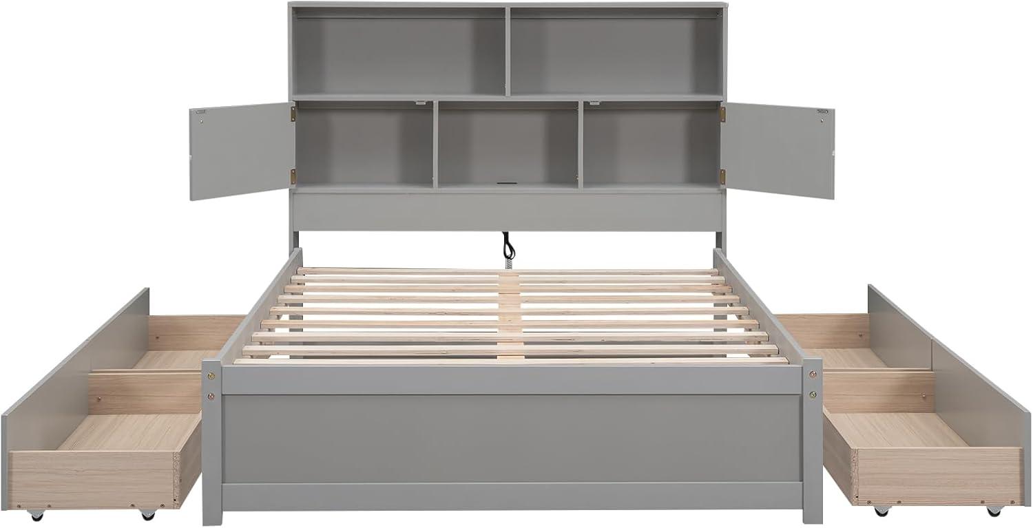 Gray Full Size Pine Wood Storage Bed with Bookcase Headboard and Drawers