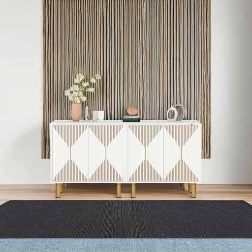 Modern White and Gold 59" Wood Storage Cabinet with Carved Doors