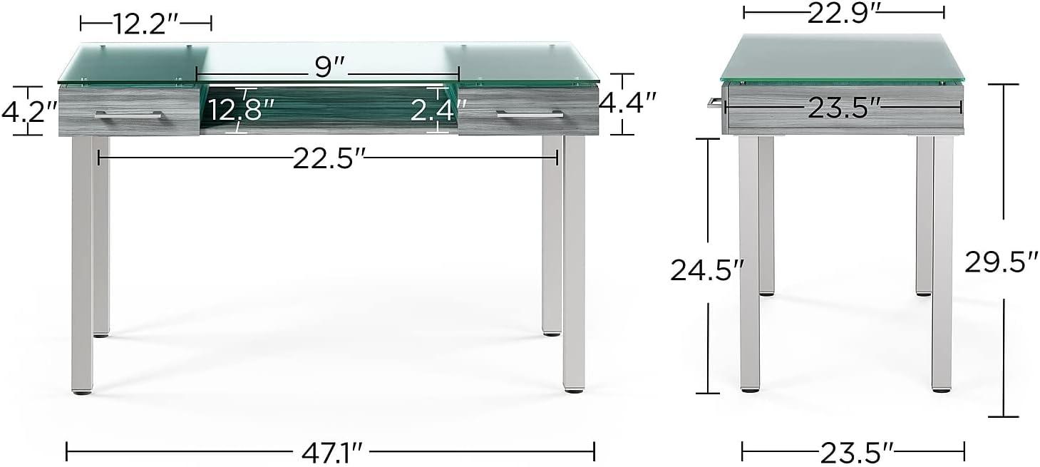 Gray Glass Writing Desk with Metal Legs and Drawers