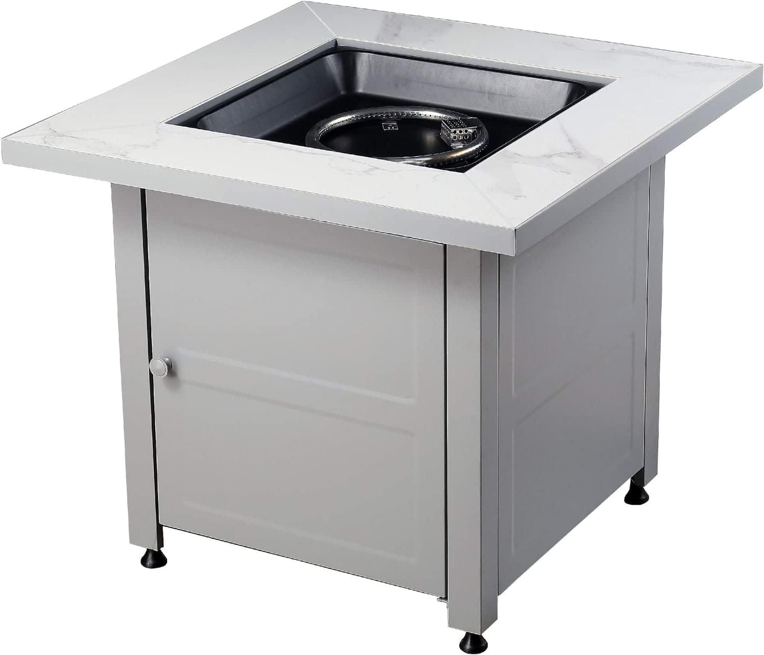 Mr. Bar-B-Q Endless Summer All Weather Outdoor Fire Pit Table with Faux Marble Finish, Black Glass