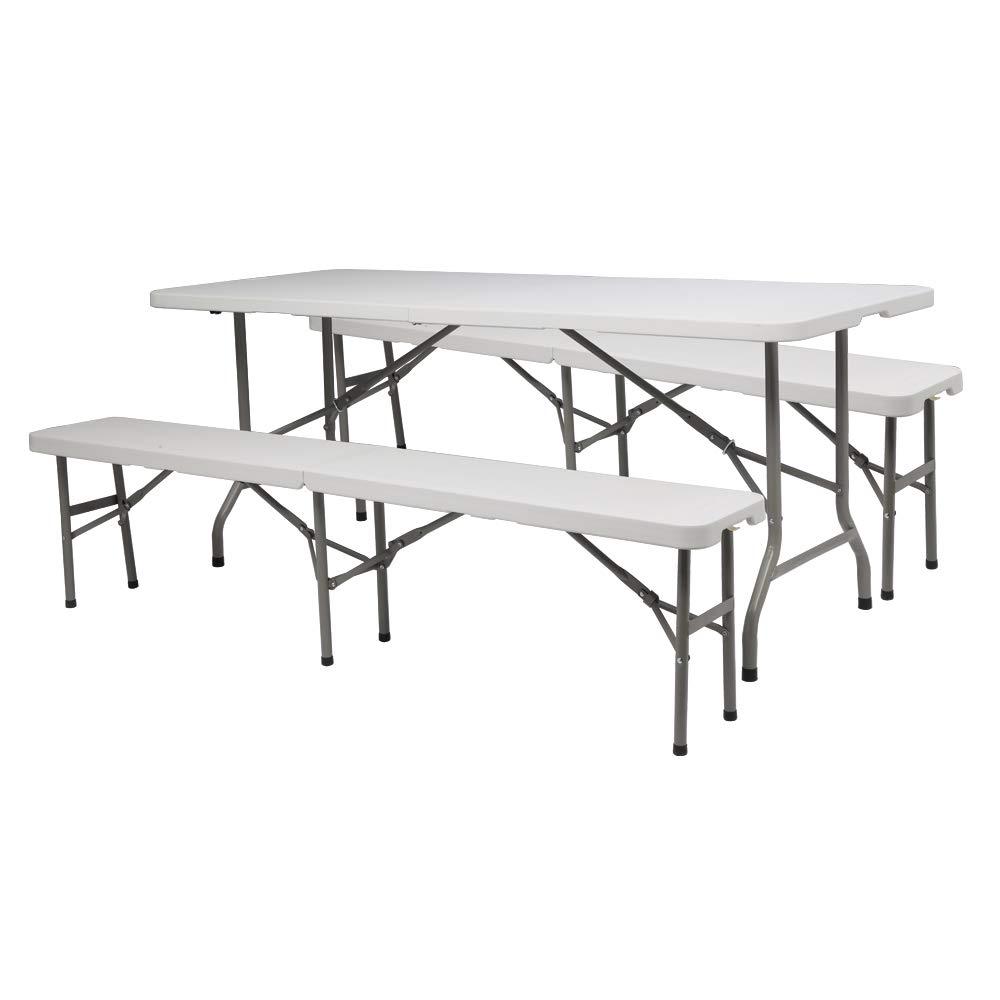 VINGLI 6 ft 3-Piece Portable Picnic White Table Bench Set, Weather-Resistant Plastic Folding Camping Beer Table w/Carrying Handles, for Family Garden Patio Outdoor Activities Use